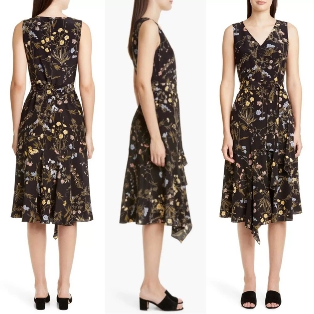 Lafayette 148 New York Silk Floral Print Tired Hanky Hem Dress EUC Sz 12